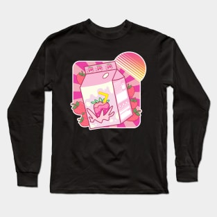 Funny Retro 90s Japanese Kawaii Strawberry Milk Shake Carton Long Sleeve T-Shirt